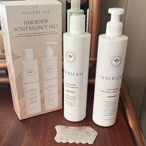 Innersense Hair Renew Scalp Balance Duo and quartz scalp massager.